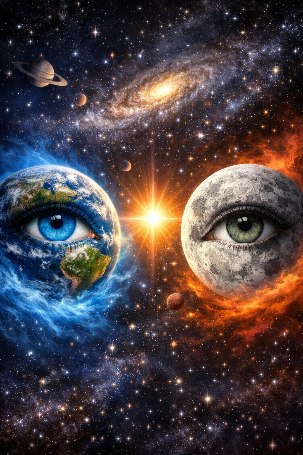Surreal earth and moon with human eyes in cosmic space