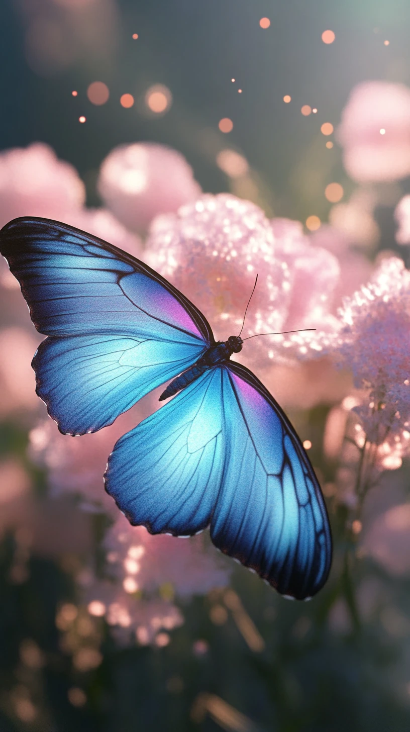 Iridescent butterfly on soft pink cosmos in moonlit garden