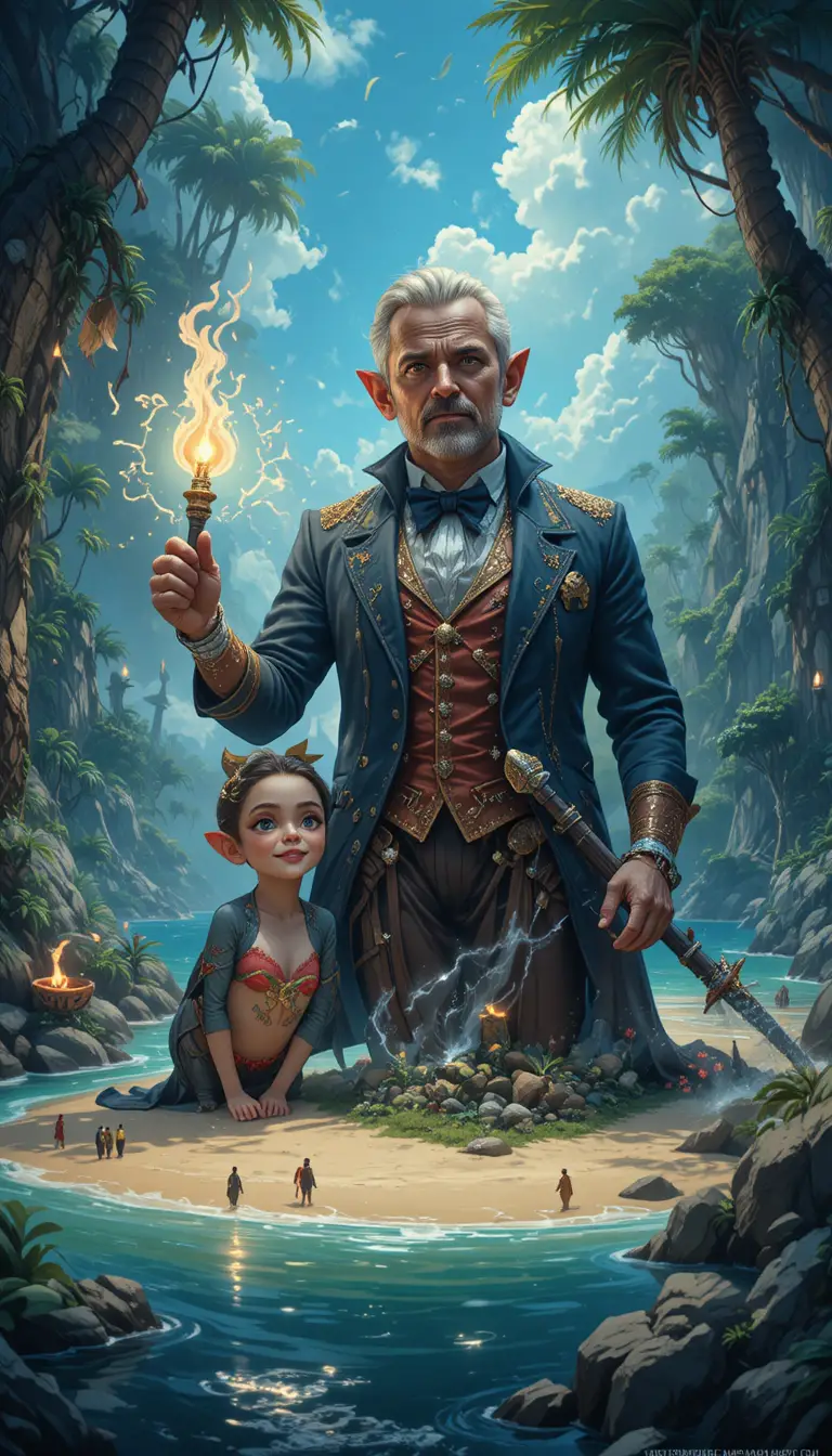 Mysterious host welcoming guests to a remote fantasy island