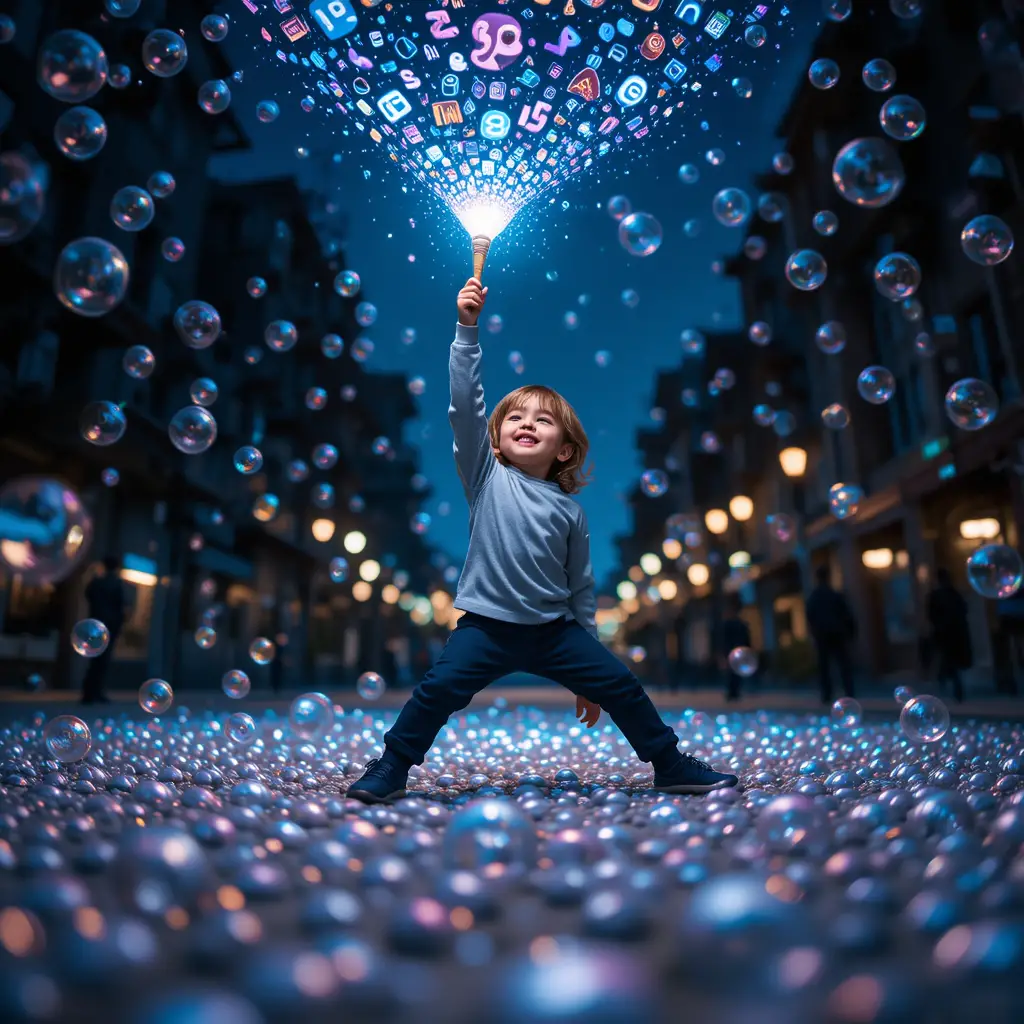 Boy blowing glowing bubbles above a city street at dusk