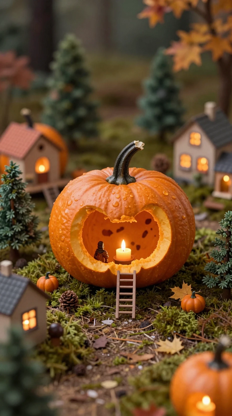 Miniature Pumpkin Village Lit By Warm Candlelight
