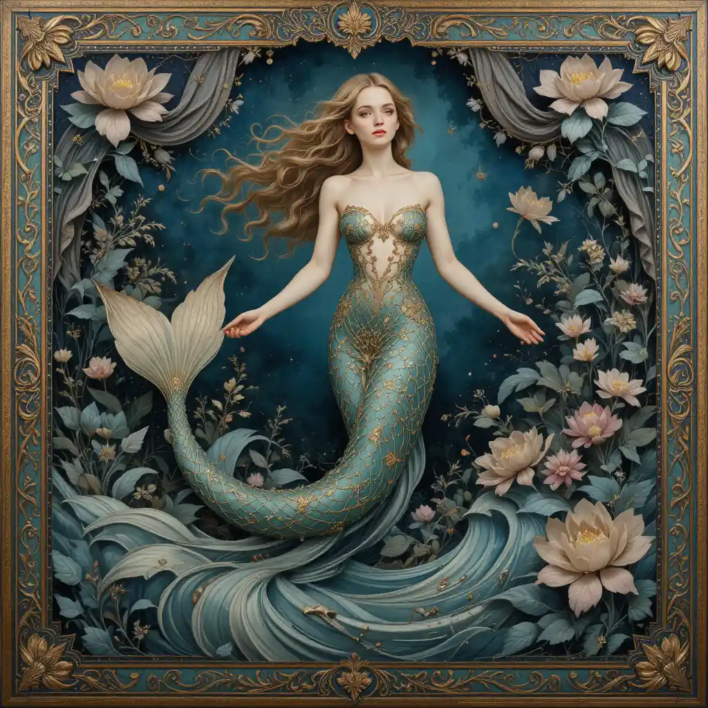Mermaid Rising From A Mythic River In Ornate Painting