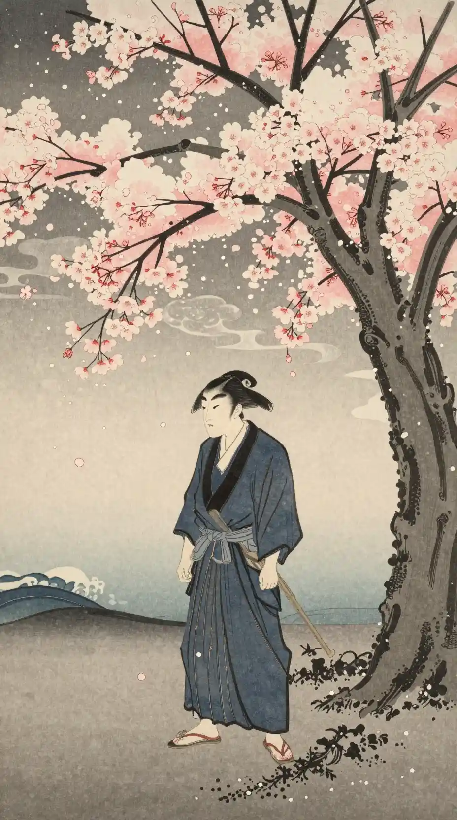 Lone samurai beneath cherry blossoms in falling snow