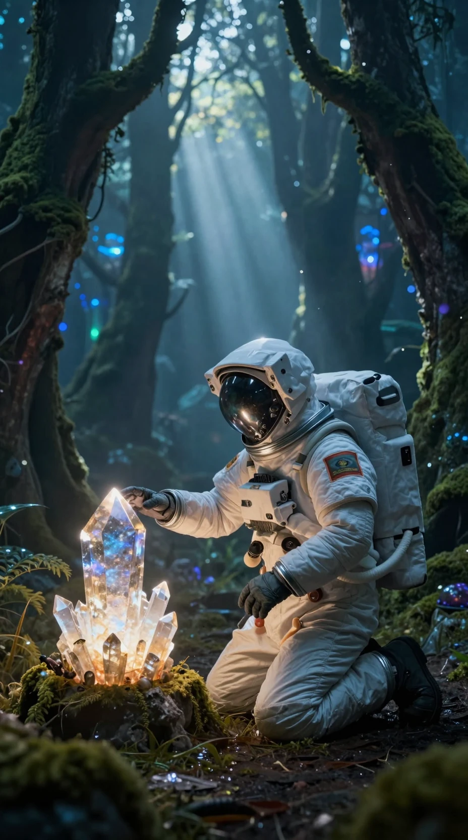 発光するエイリアンの森でクリスタルアーティファクトを手にした孤独な宇宙飛行士