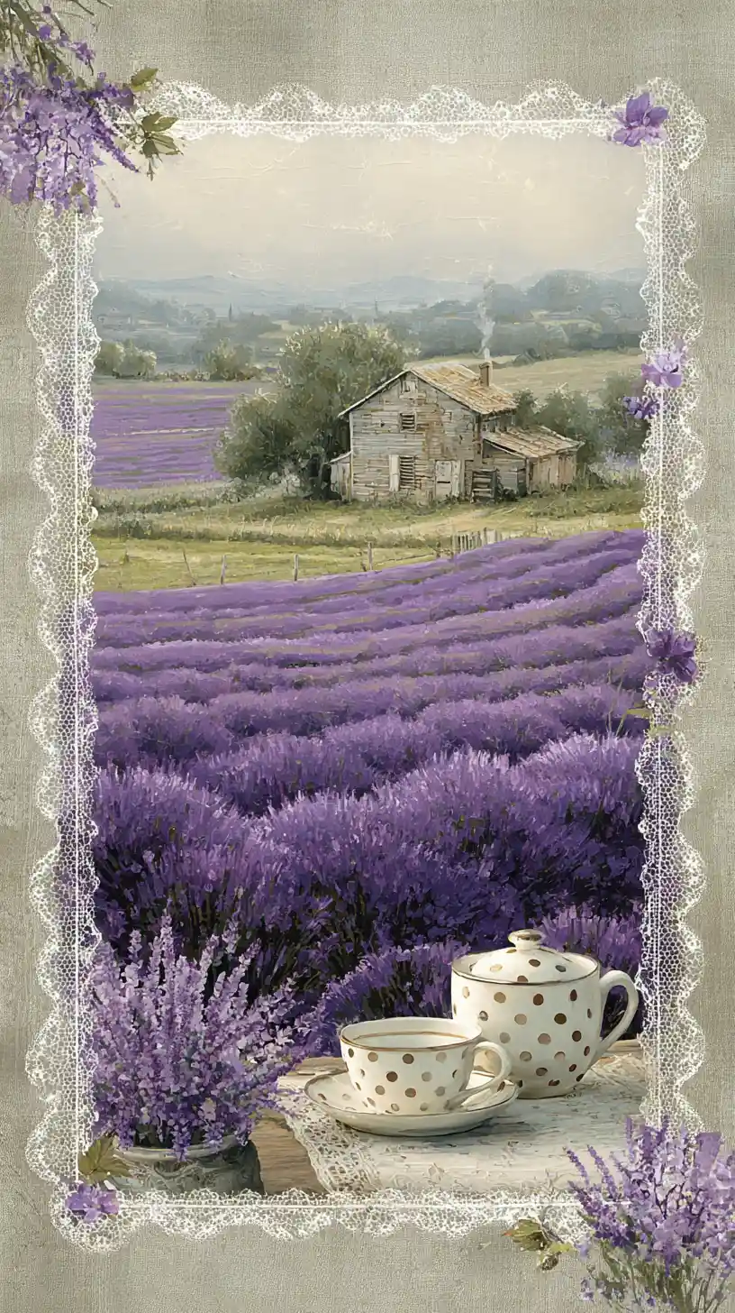 Lavender field and farmhouse framed with flowers and tea set