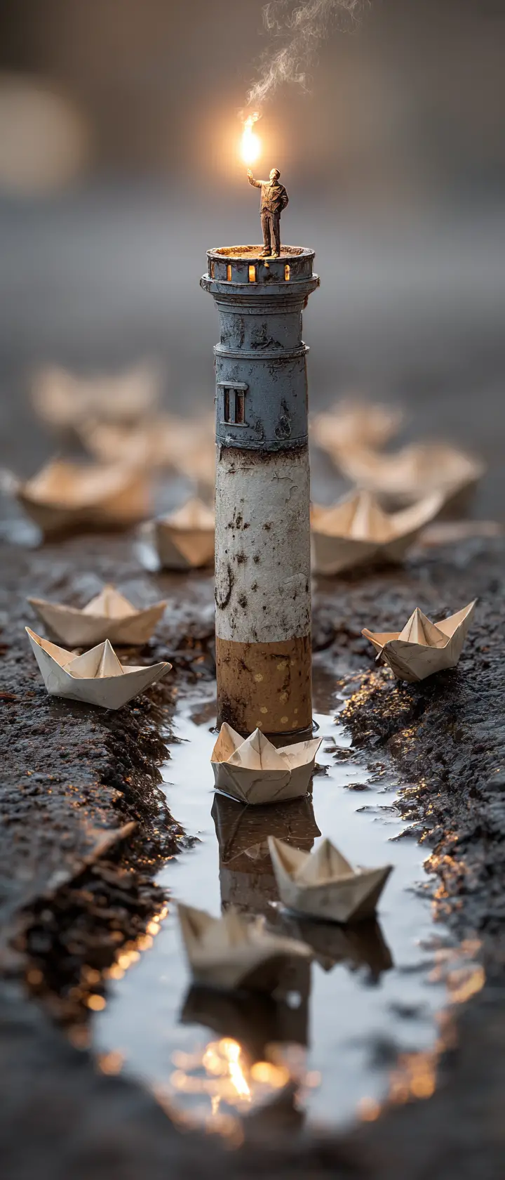 Miniature figure uses cigarette ember as lighthouse beacon