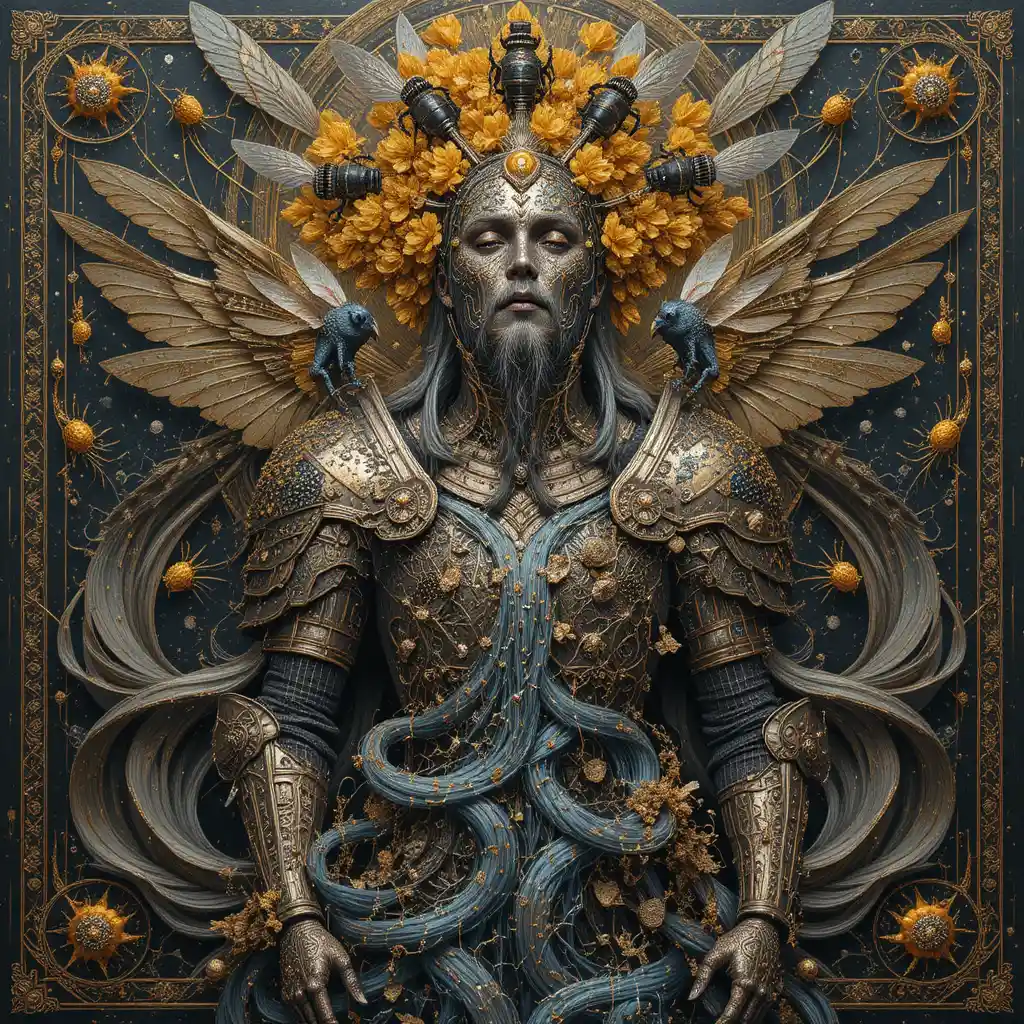 Knight armor crowned with beehives in surreal mythic tapestry