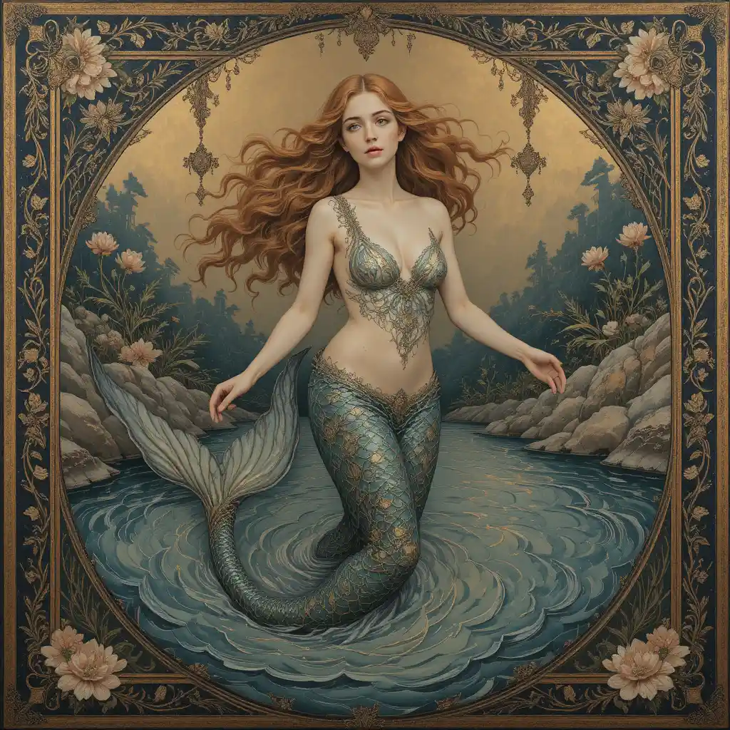 Mermaid Rising From A Symbolic Embroidered River Painting