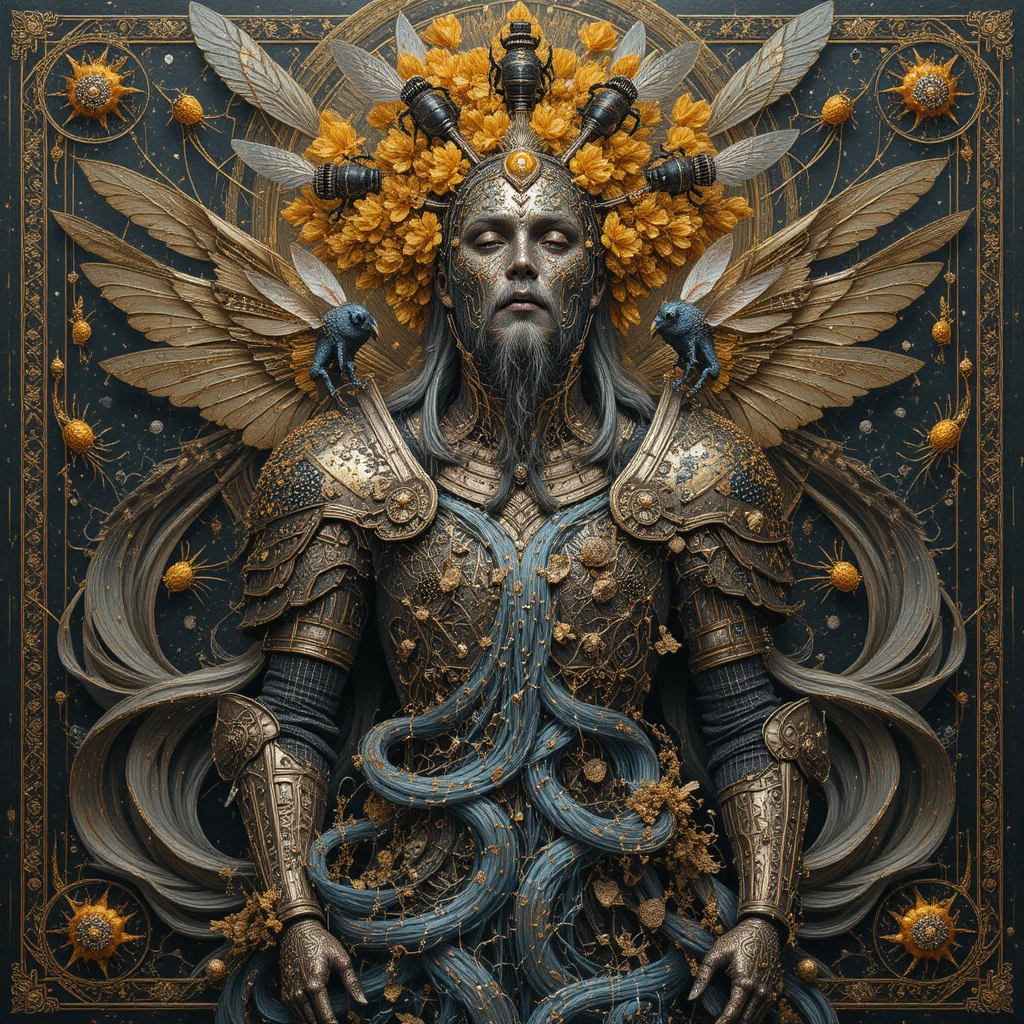 Knight armor crowned with beehives in surreal mythic tapestry