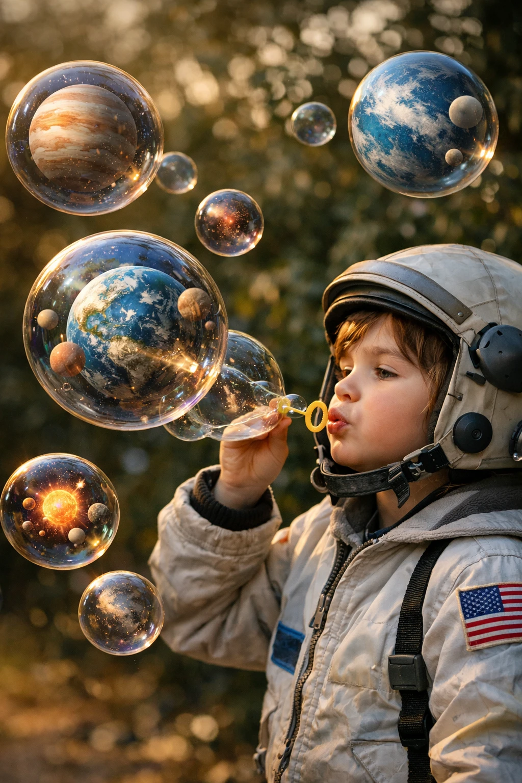 宇宙空間で宇宙的なシャボン玉惑星を吹く子ども