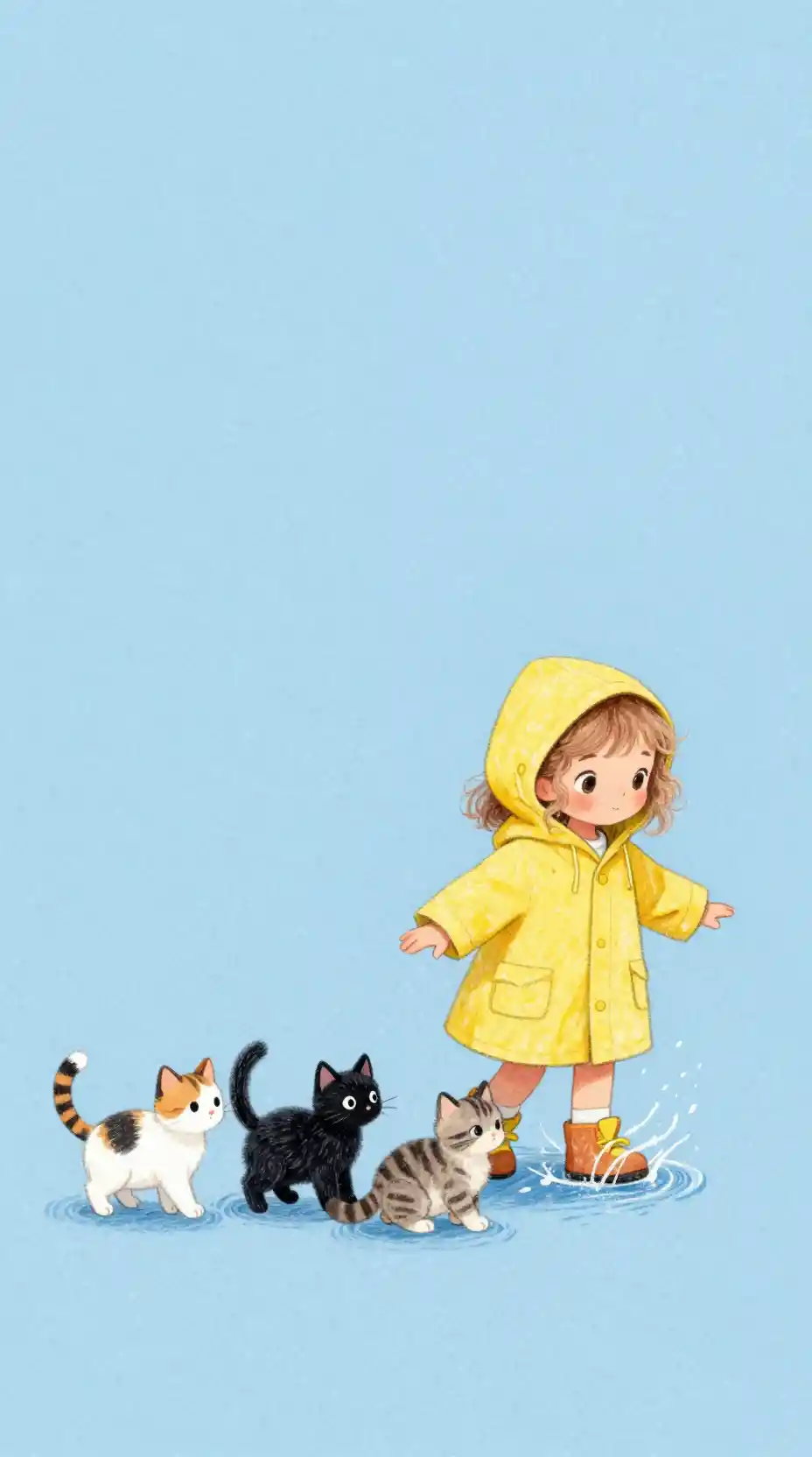 Little girl in yellow raincoat splashing with three kittens