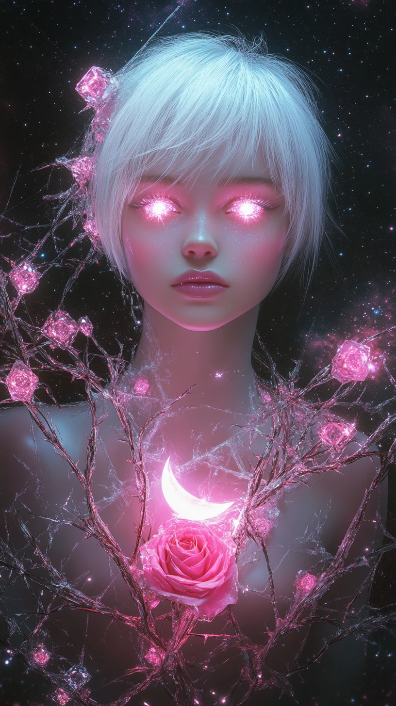 Himmlische Kristallfrau mit leuchtend pinken Augen und Mond