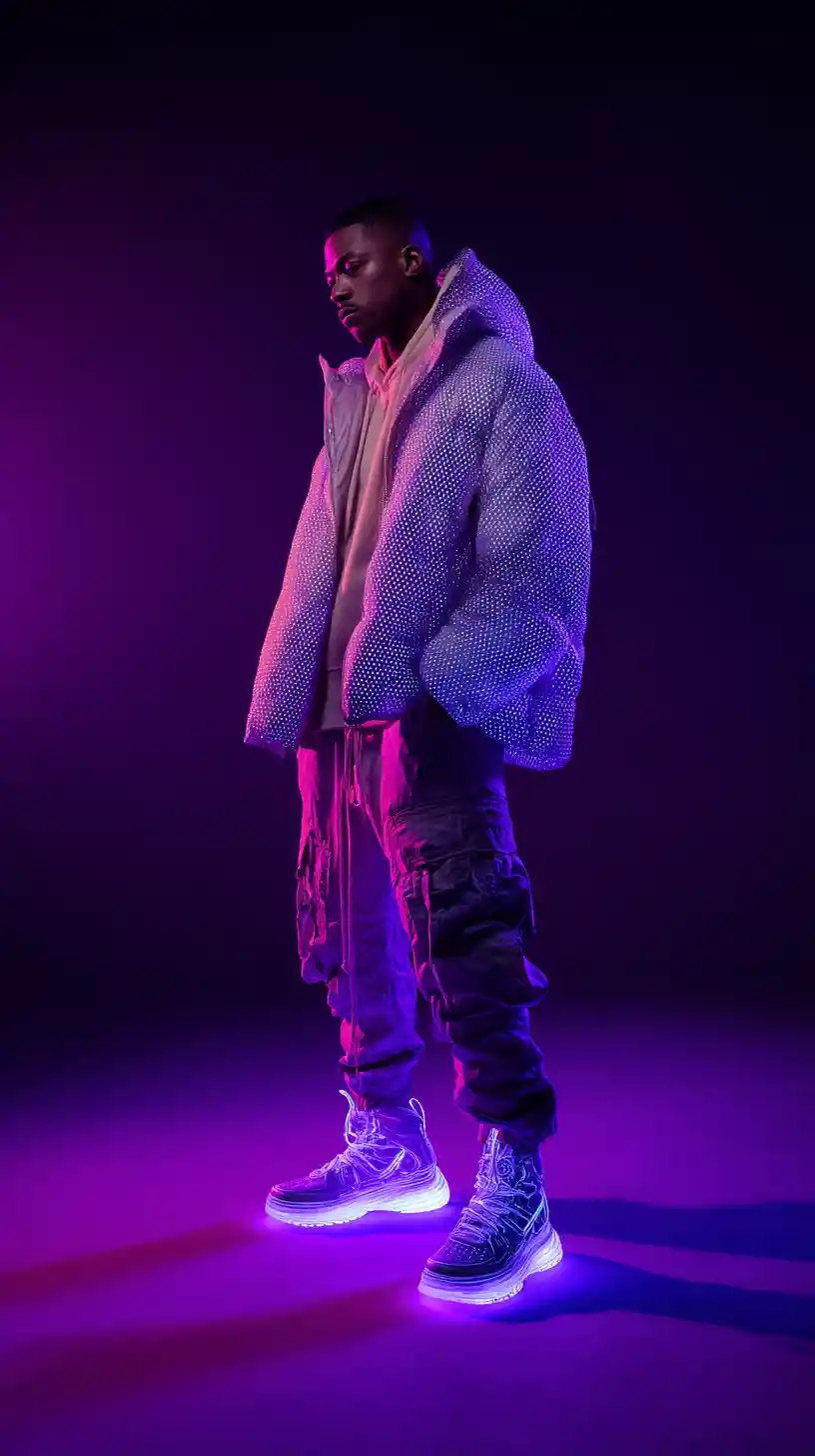 Male fashion model in neon cyberpunk studio side profile