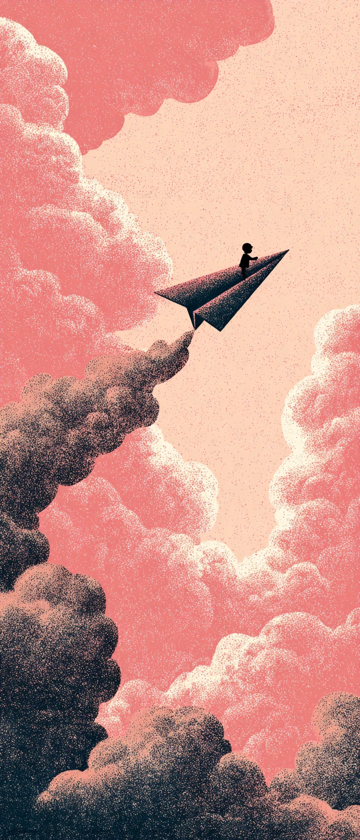 Whimsical paper airplane soaring high above soft clouds