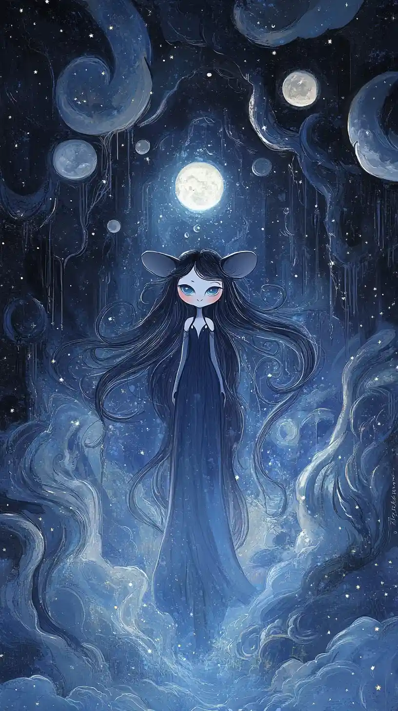 Serene gothic fantasy mouse under celestial moons and stars
