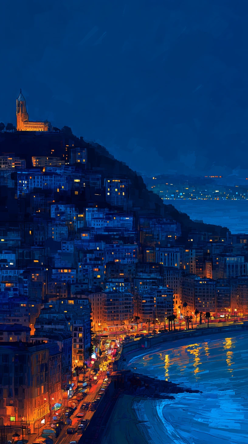 Night cityscape of algiers with glowing coastal lights