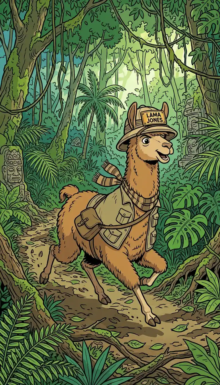 Illustrazione di un lama avventuriero che corre nella giungla fitta