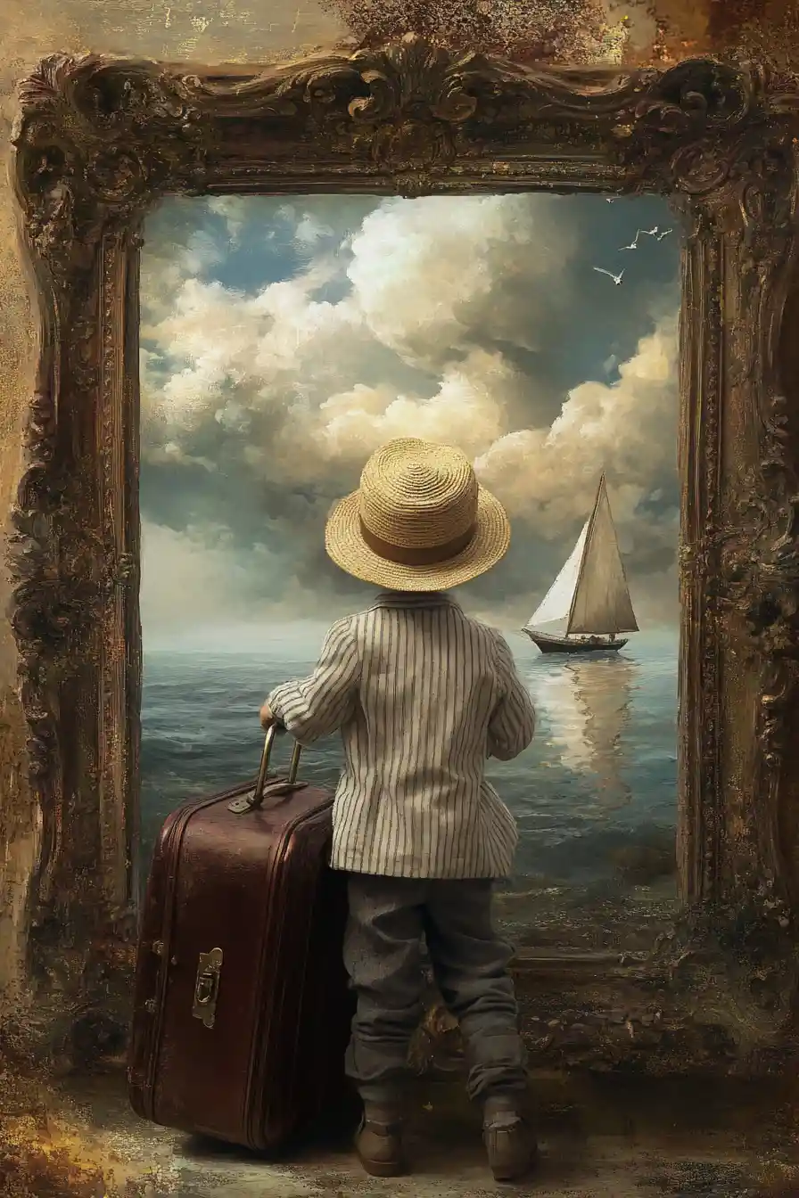 Boy With Suitcase Looking Through Frame Toward Calm Sea
