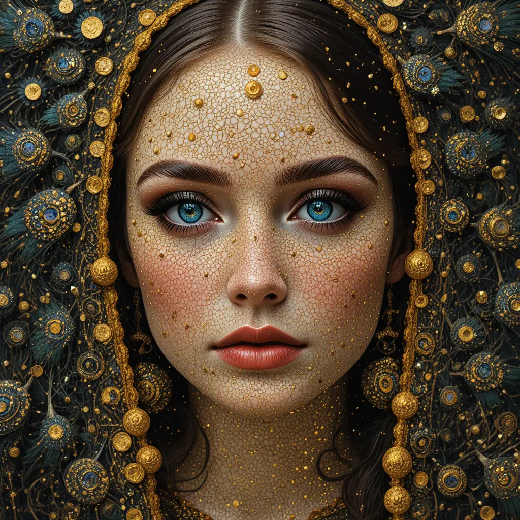 Ritratto pointillista che si dissolve in motivi ornamentali celestiali