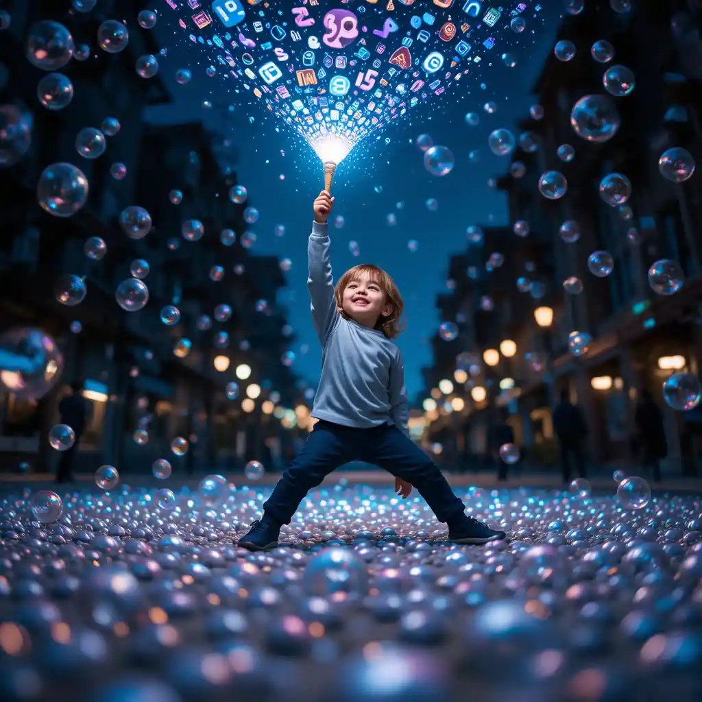 Boy blowing glowing bubbles above a city street at dusk