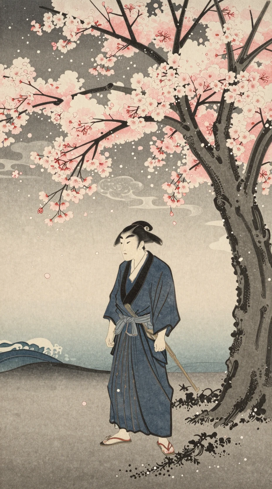 Lone samurai beneath cherry blossoms in falling snow