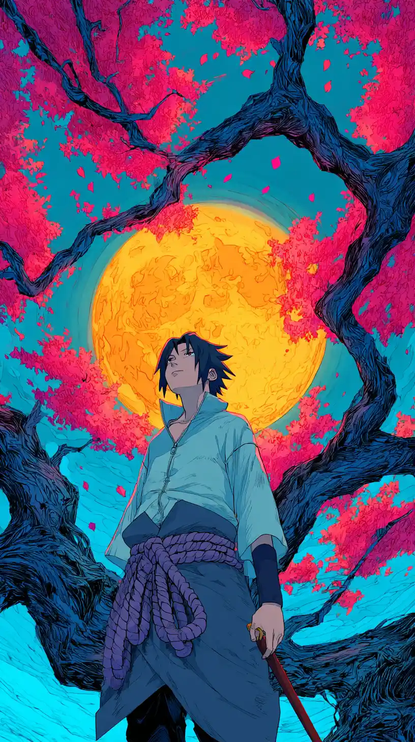 Anime swordsman under glowing moon and pink blossoms