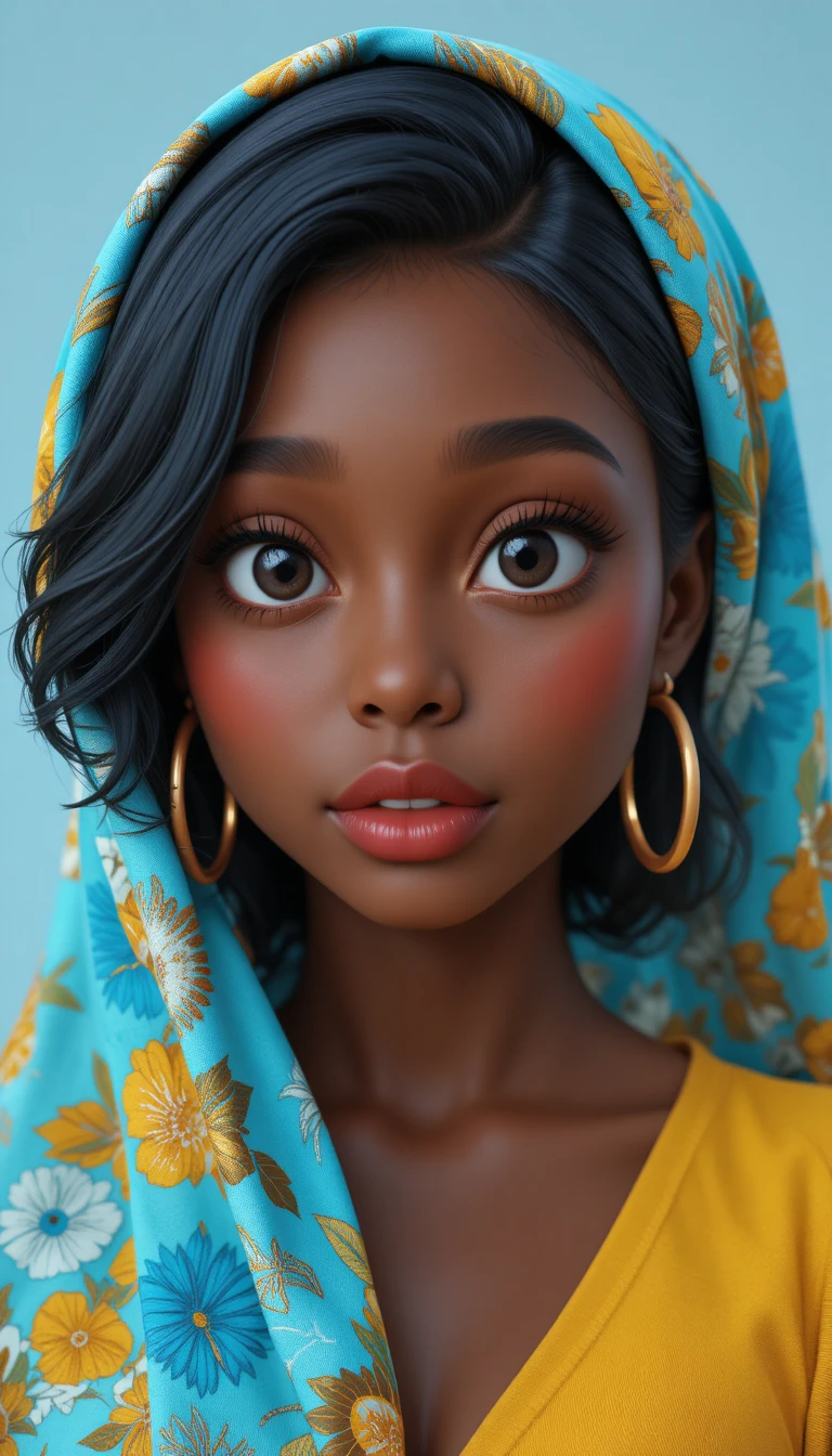 3D portrait of a young woman in floral headscarf