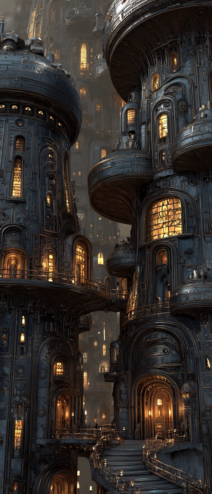 Aldea steampunk de fantasía con arquitectura orgánica biomórfica