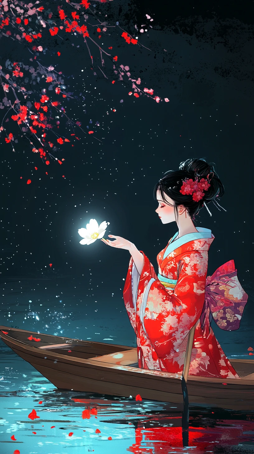 Mujer japonesa con kimono rojo en un bote en el lago de noche