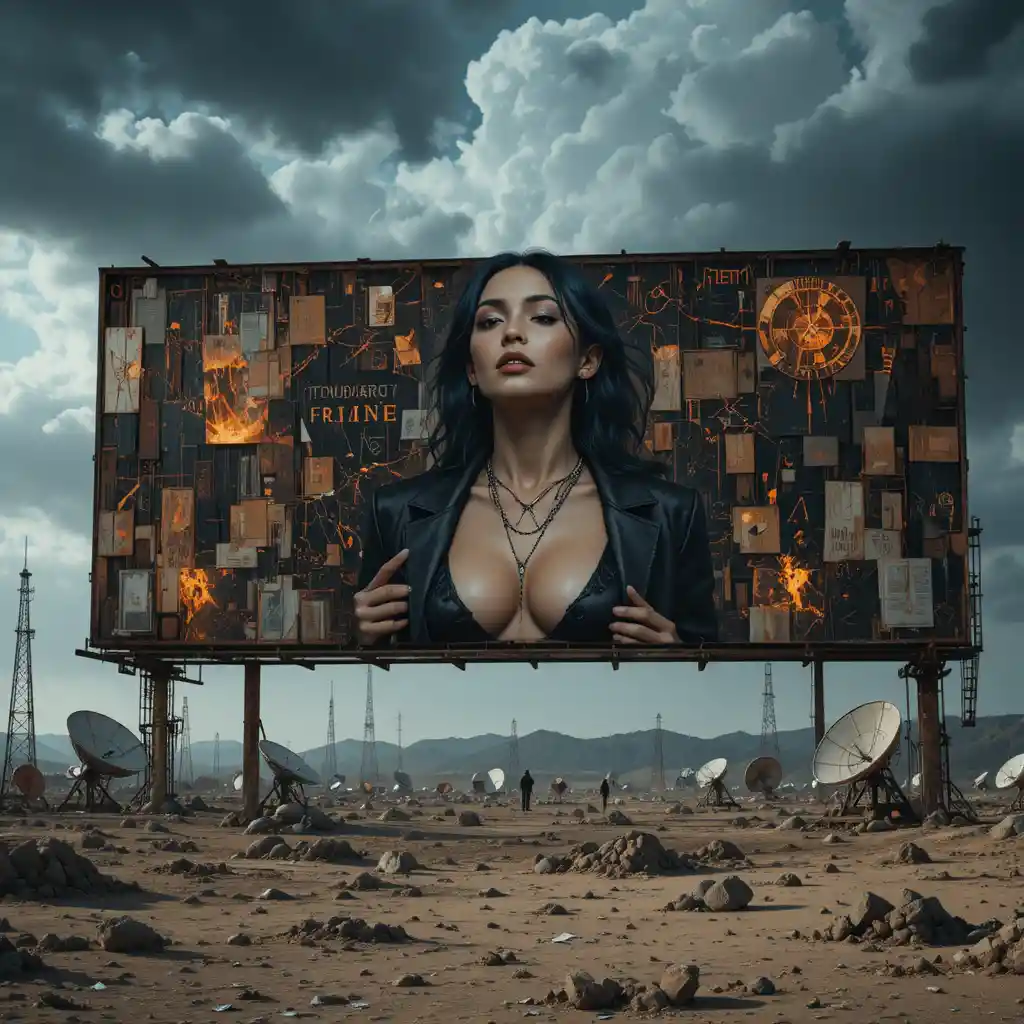 Cyber noir femme fatale on a rusted wasteland billboard