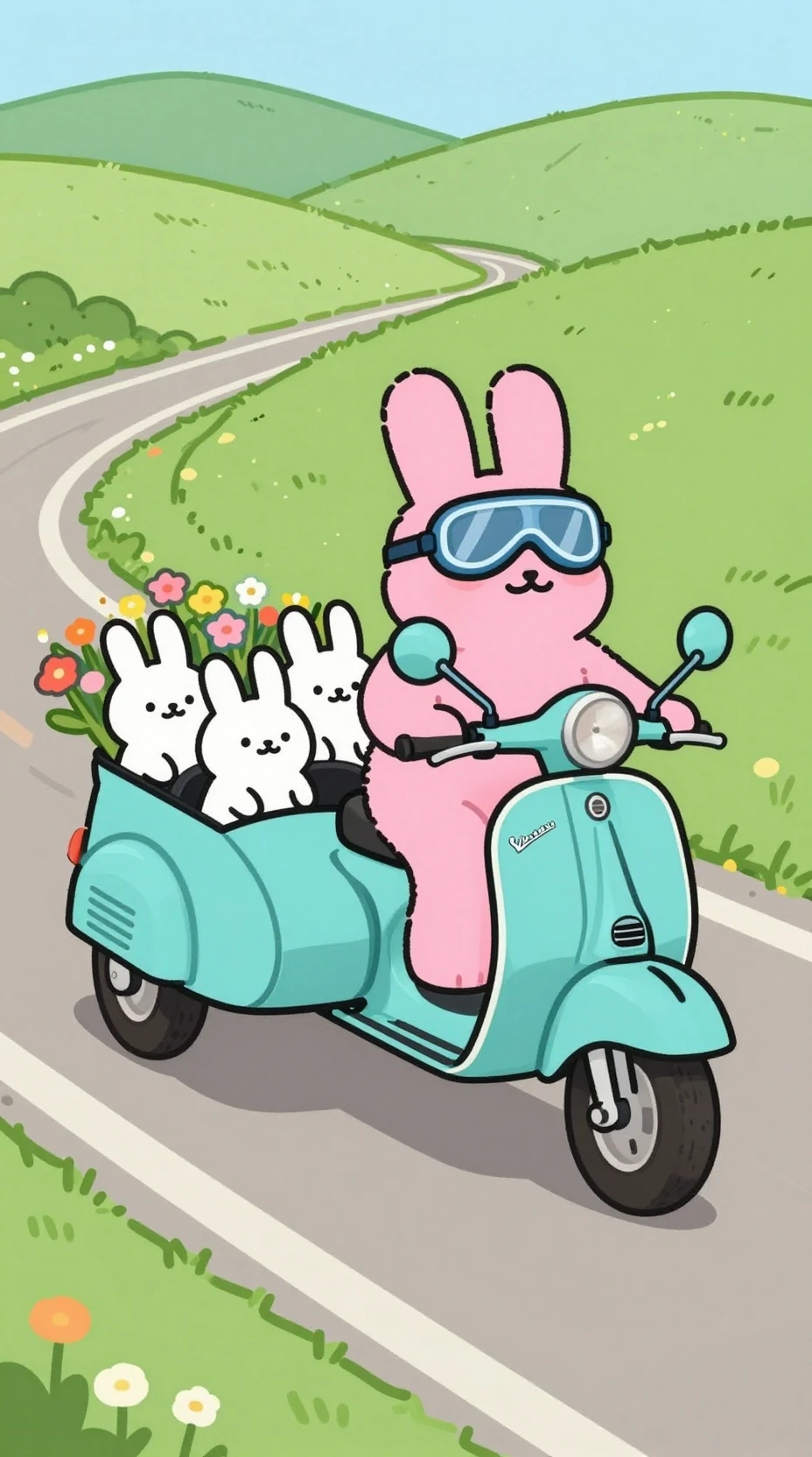 Conejo rosa conduciendo una scooter turquesa con sidecar