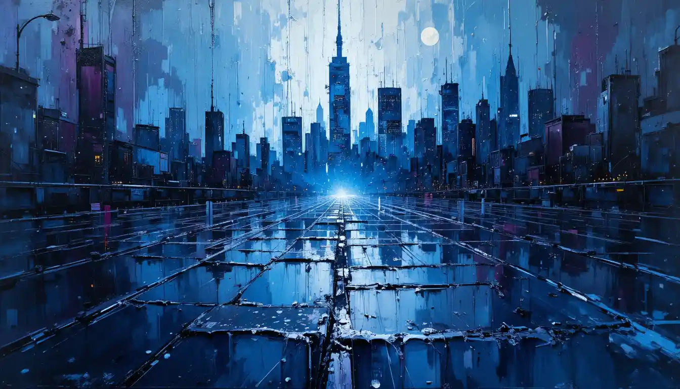 Close up of wet city pavement with glowing reflections