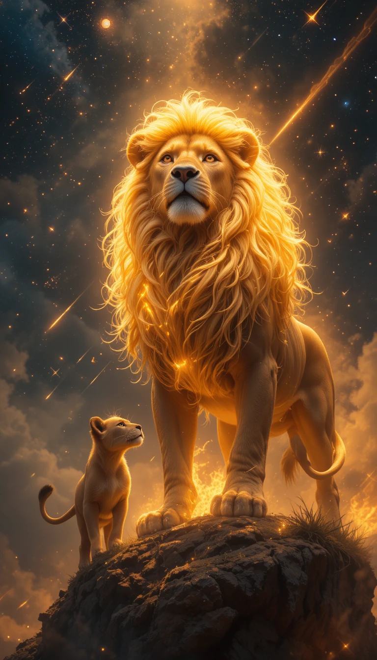 Majestic lion and cub under a meteor filled night sky