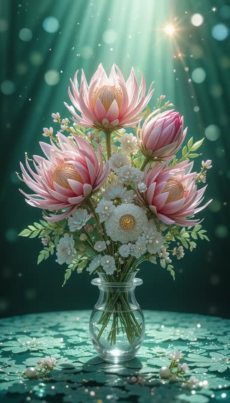 Crystal flower bouquet on lace green background with sparkles