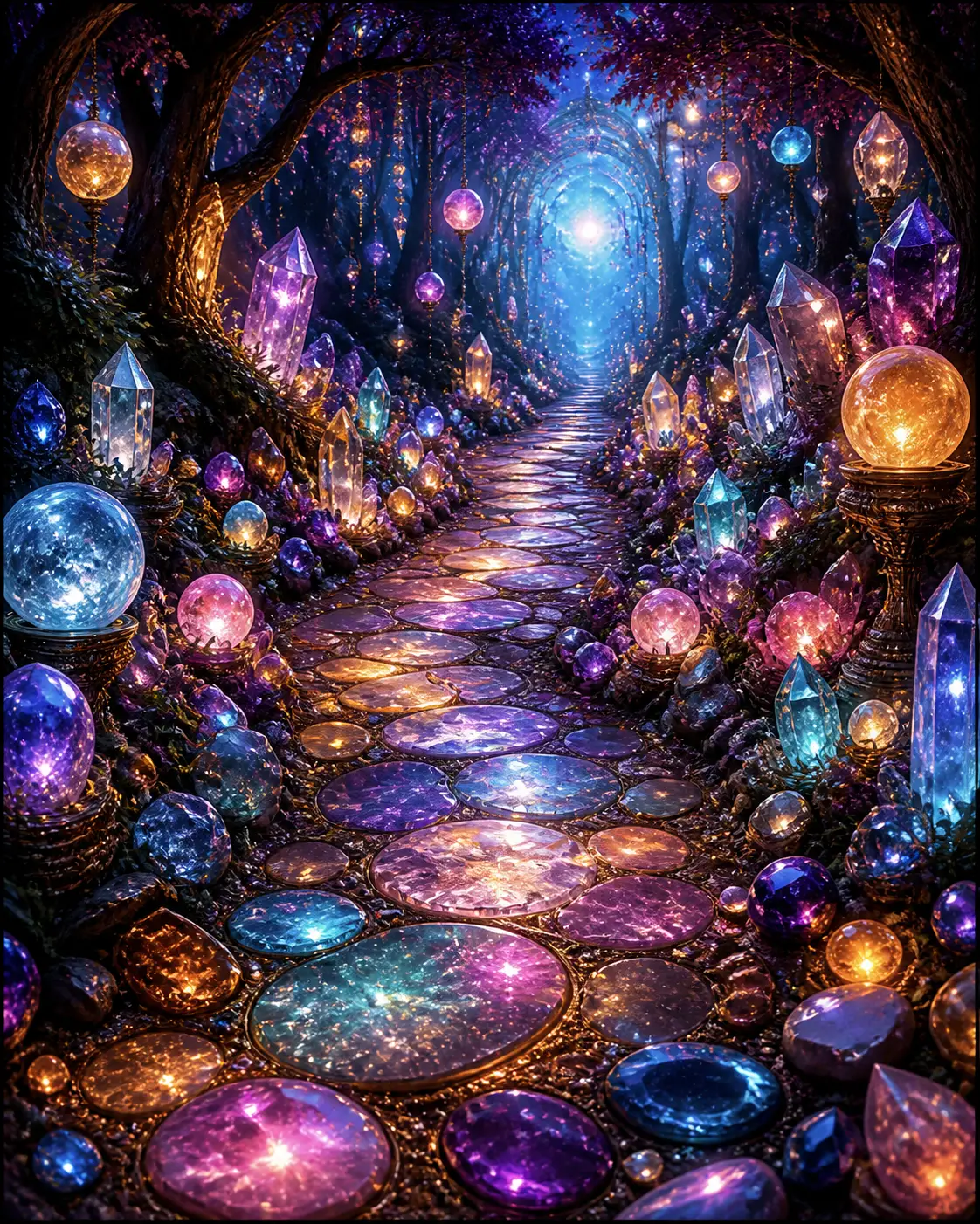 Sentiero Mistico nel Bosco Illuminato da Cristalli e Sfere