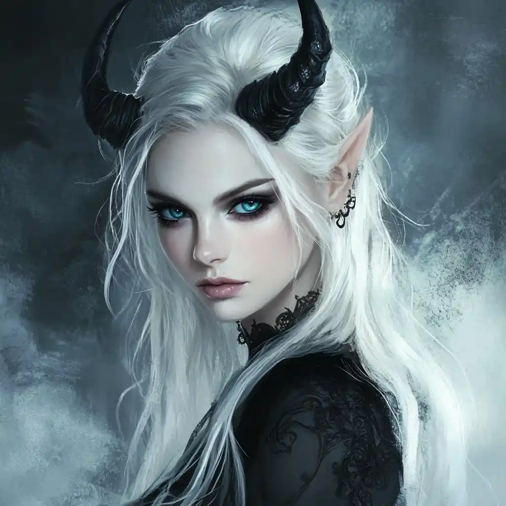 Goth tiefling woman close up with luminous blue eyes
