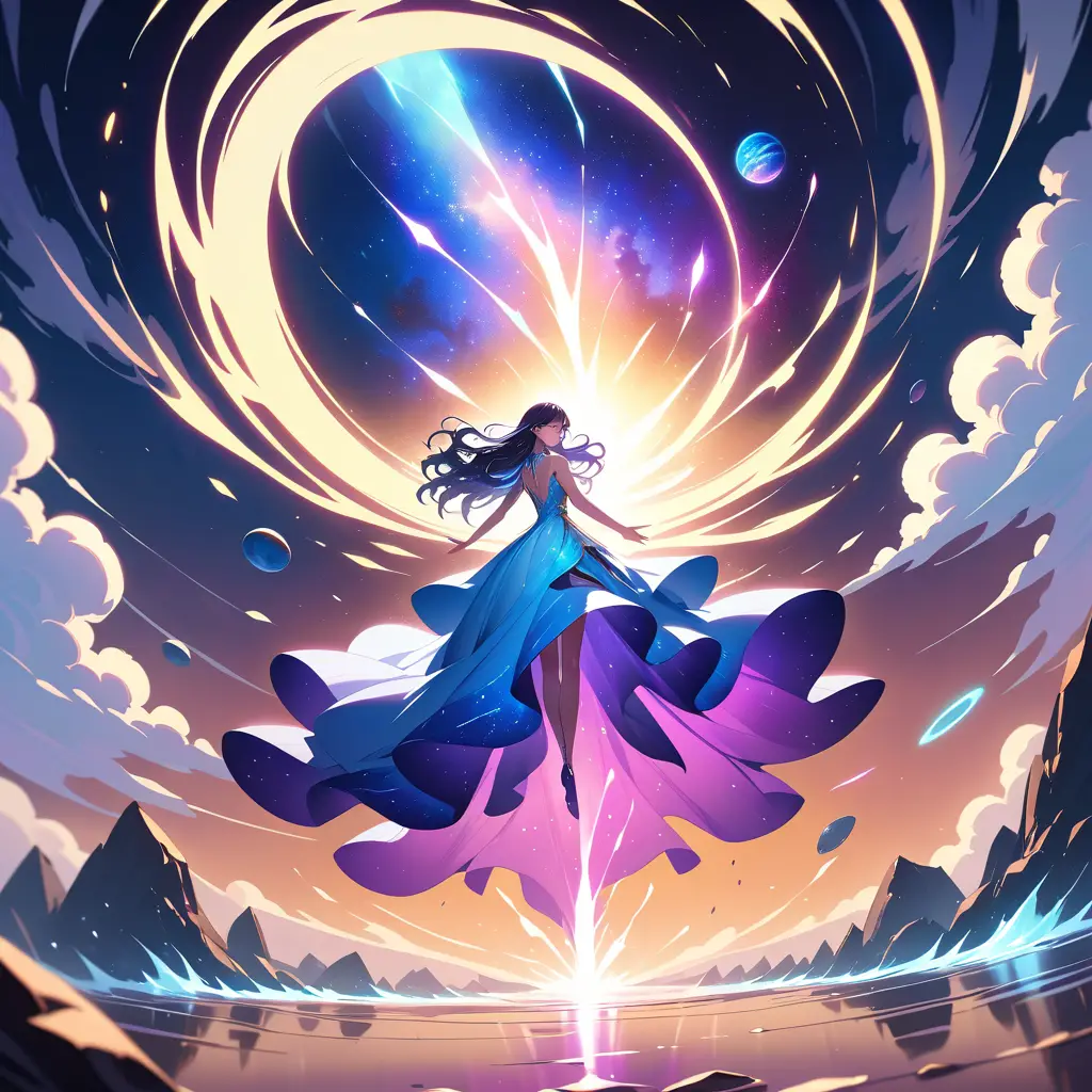 Mystical woman facing a vast glowing cosmic ocean portal