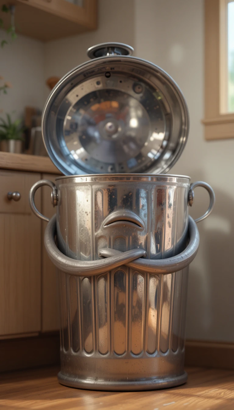 Grumpy metal trash can character in a cozy kitchen corner