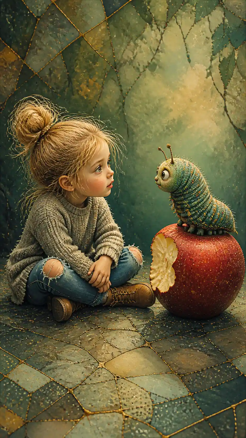 Curious girl watching a cartoon caterpillar on a red apple