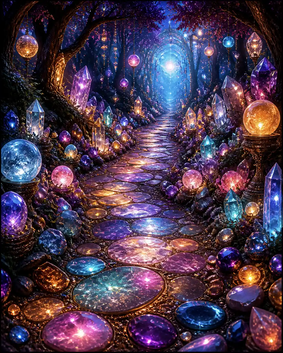 Mystical Forest Pathway Lit By Crystals And Orbs