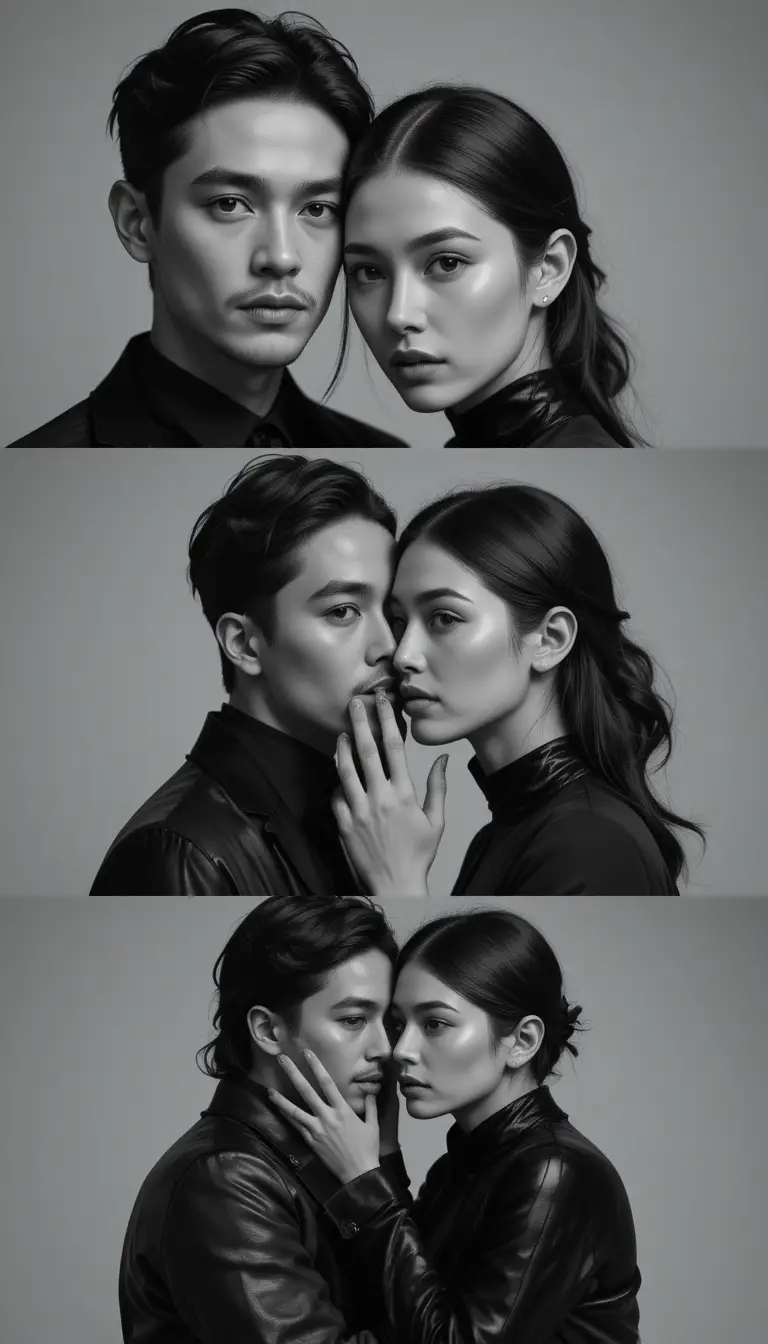 Monochrome editorial portrait of a couple in close embrace