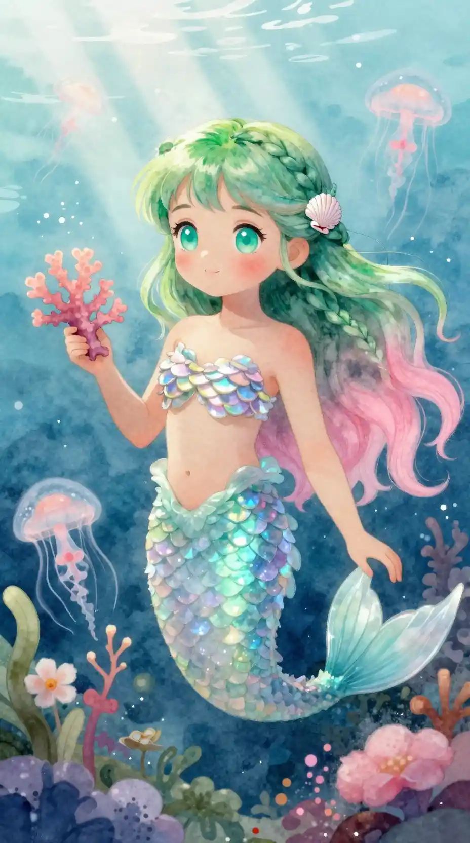 Young mermaid in sunlight holding a blooming coral