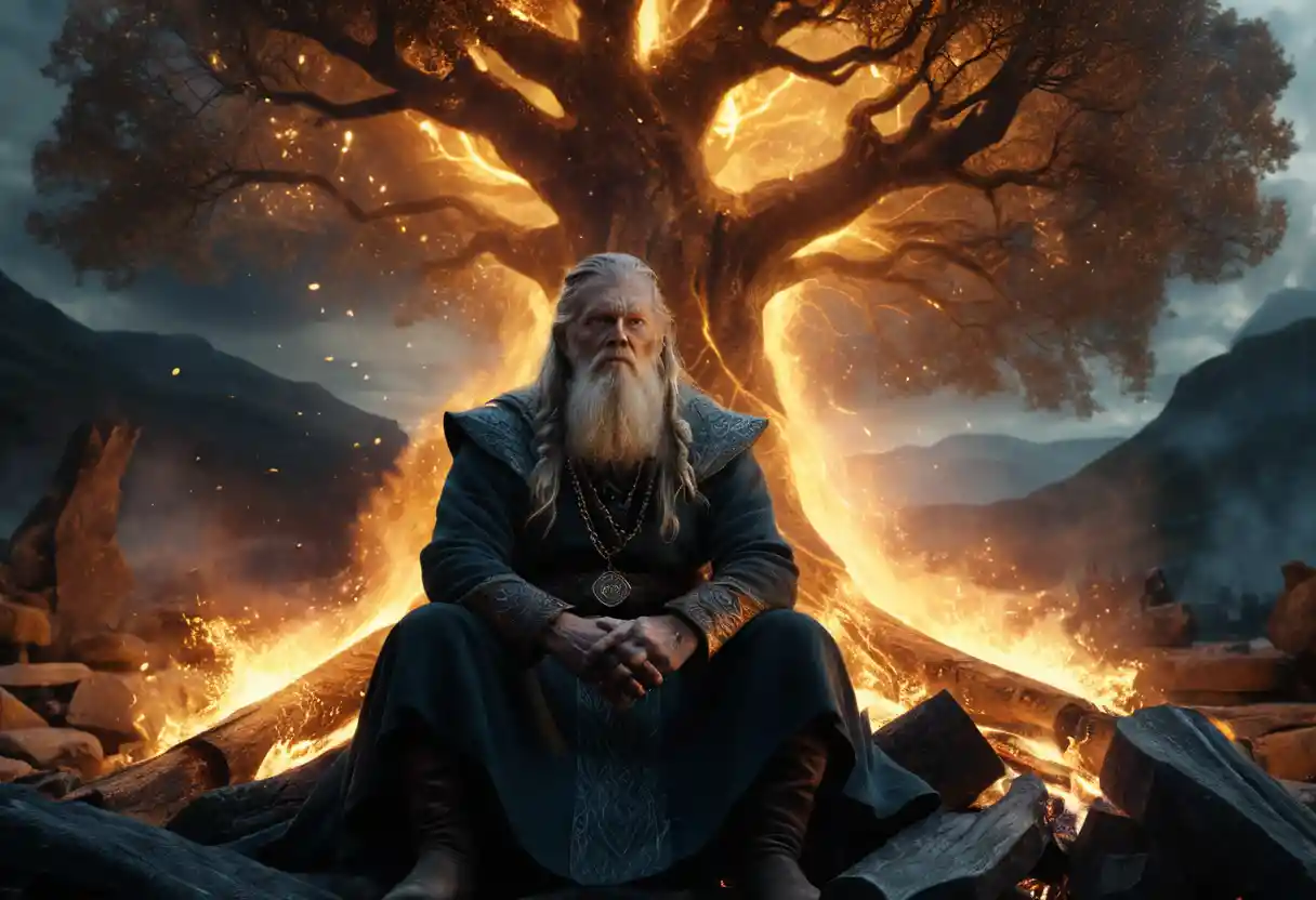 Norse wanderer in ecstasy between twin roaring fires