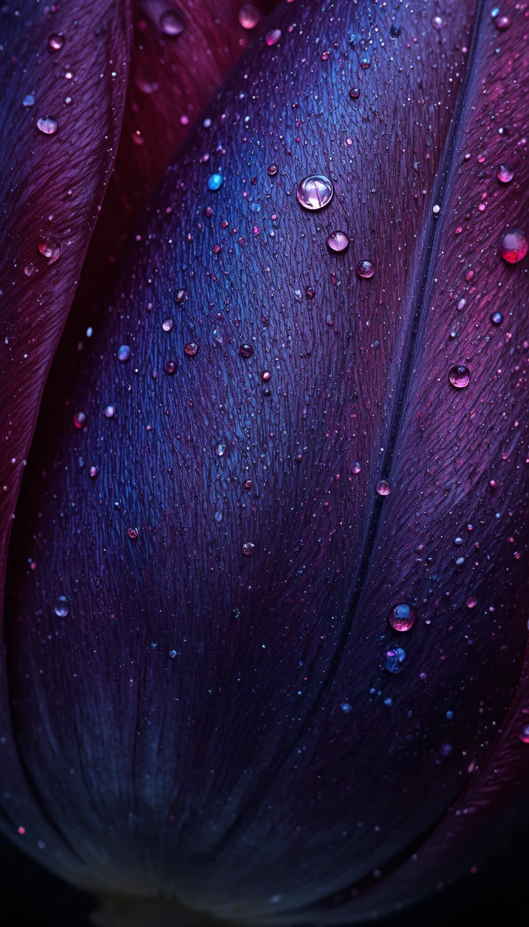 Close up tulip petal texture with iridescent dew on black
