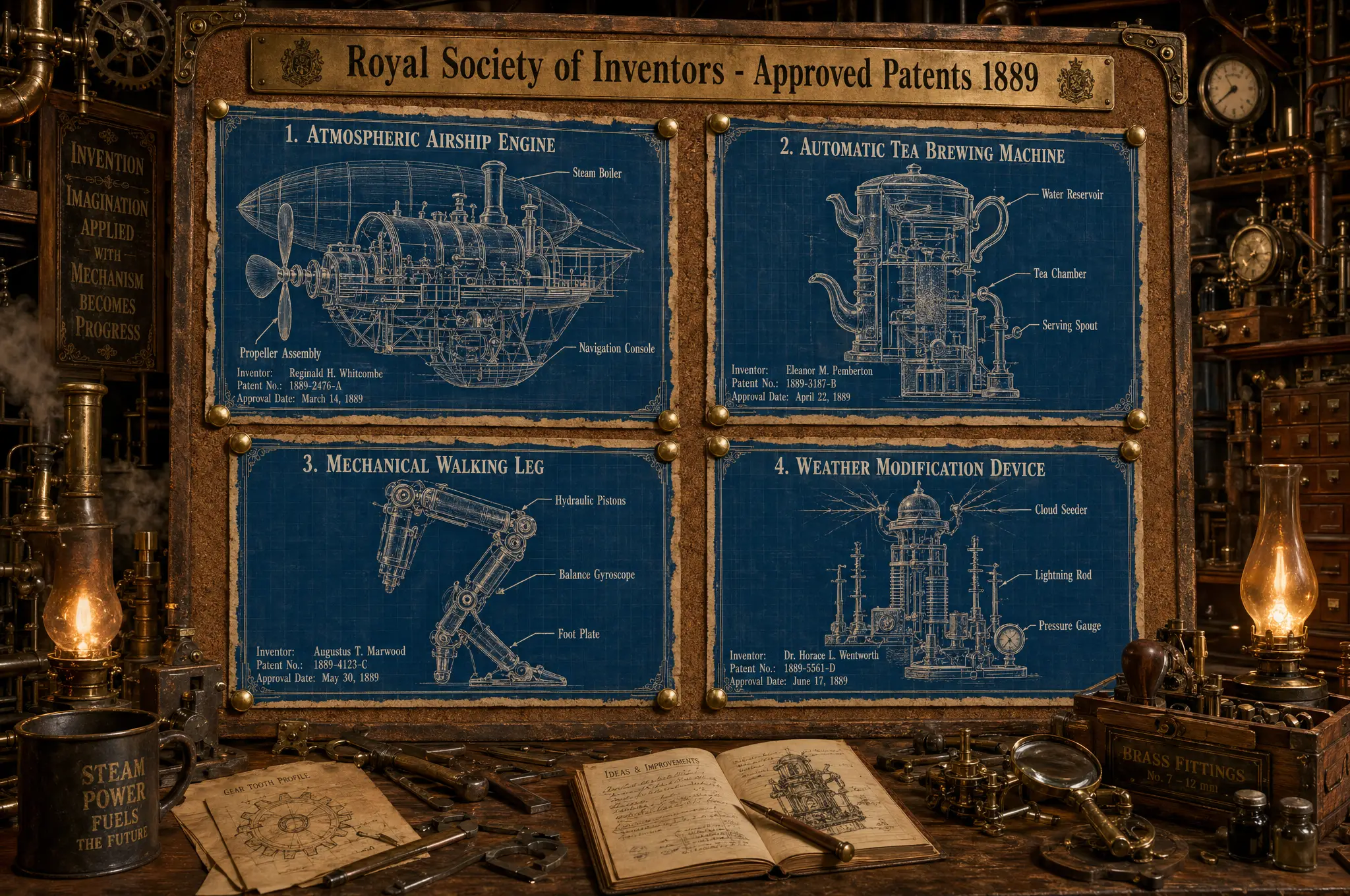 Victorian workshop corkboard filled with detailed patent blueprints