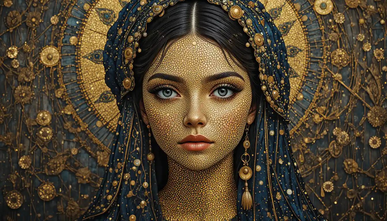 Golden pointillist portrait of a woman in swirling cosmic cloak