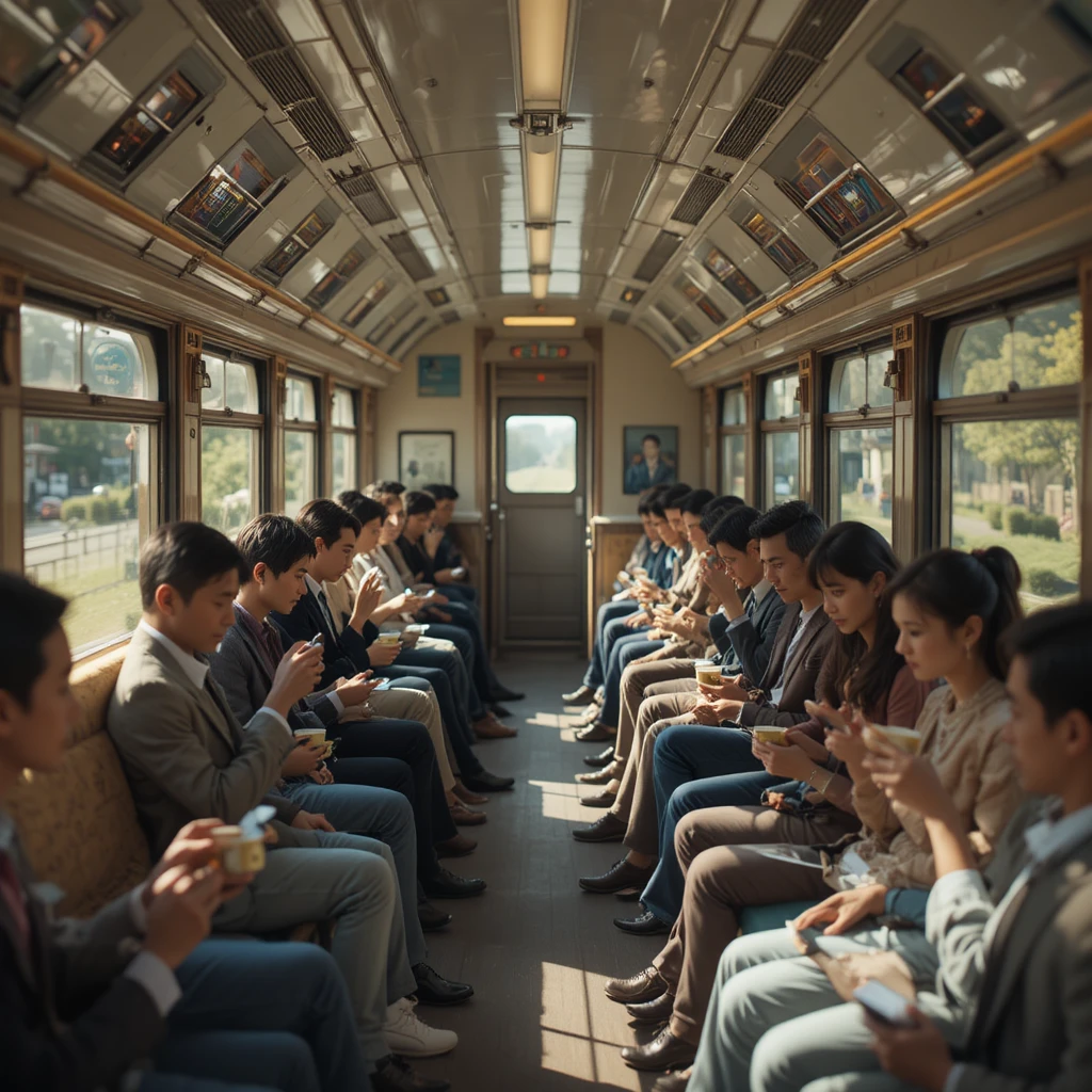 Passengers relaxing inside a sunlit train carriage