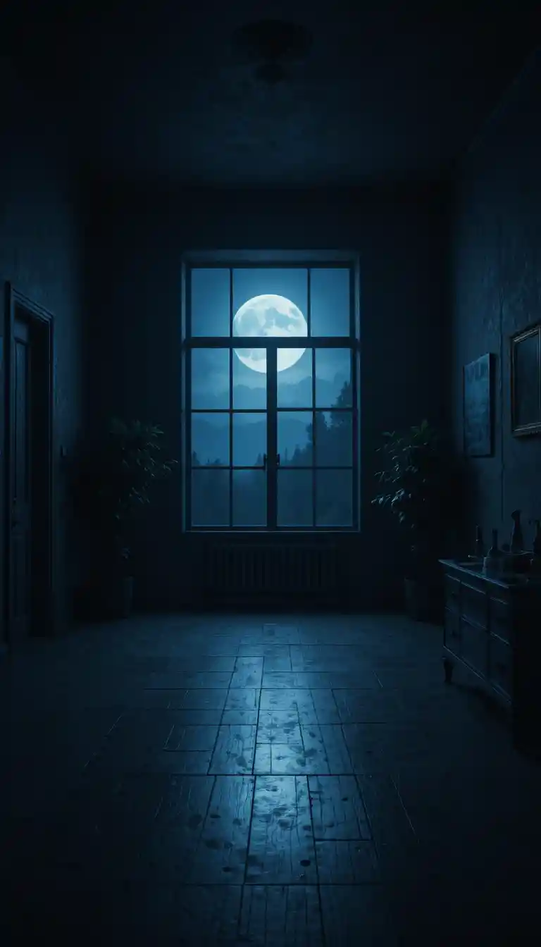 Moonlit bedroom with large window and soft glowing shadows