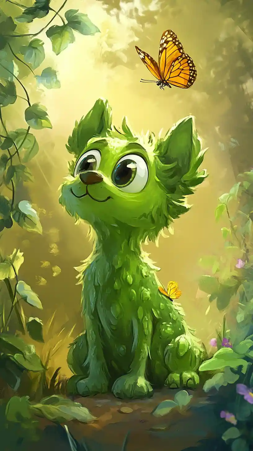 Green cucumber dog watching a yellow butterfly in garden