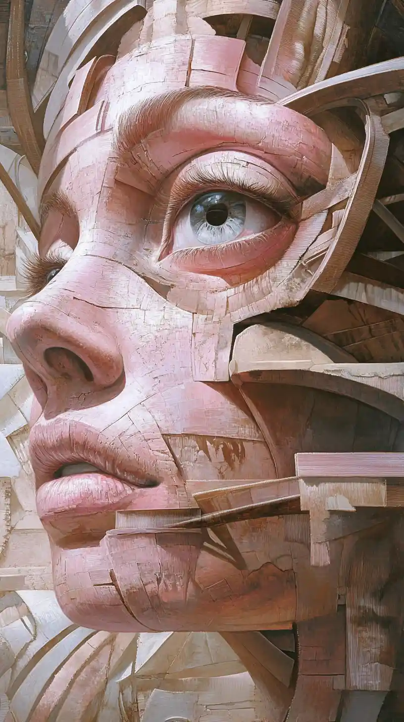 Surreal mixed media painting with large hypnotic eyes